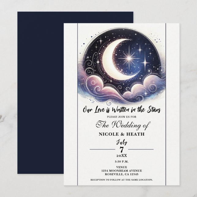 Written in Stars Watercolor Moon Wedding Invitation (Front/Back)