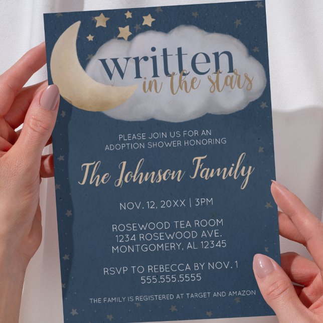 Written In The Stars Cute Adoption Baby Shower  Invitation (written in the stars watercolor moon and stars adoption shower invitation gender neutral celestial)