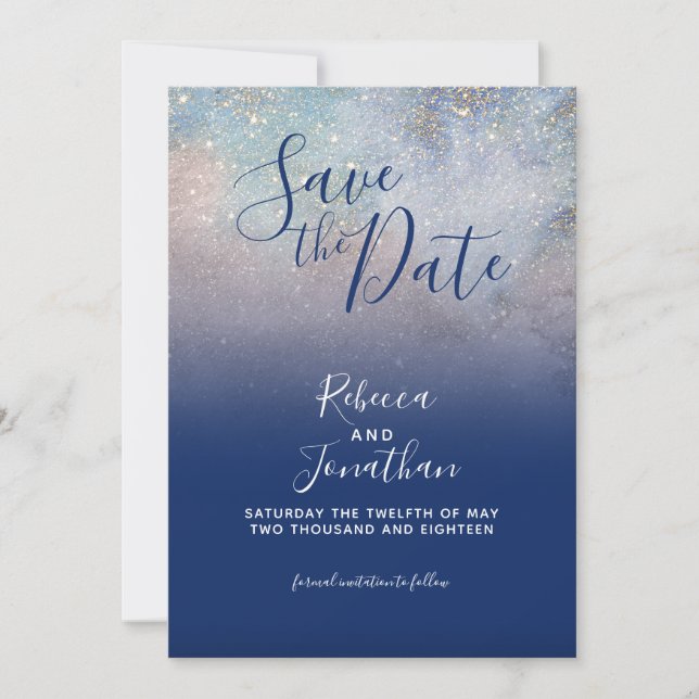 Written in the Stars Navy Galaxy Save the Date Invitation (Front)