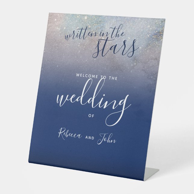 Written in the Stars Navy Galaxy Wedding Pedestal Sign (Front)