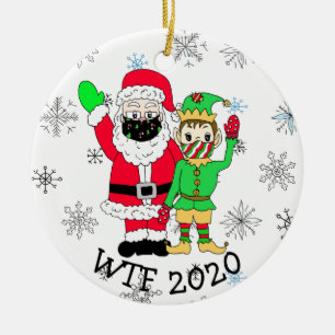 WTF 2020 Santa and Elf in Facemask Ceramic Ornament