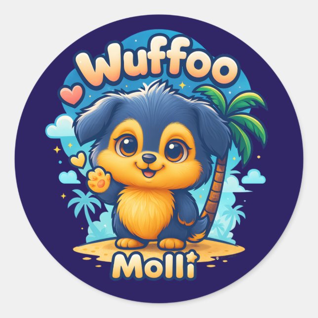 Wuffoo Molli Cute Kawaii Puppy Tropical Island Classic Round Sticker (Front)