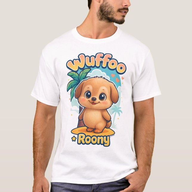 Wuffoo Roony Cute Kawaii Puppy Tropical Island tee (Front)