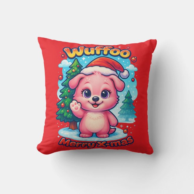 Wuffoo Shelly Merry X-mas Kawaii 3D Holiday Throw Pillow (Front)