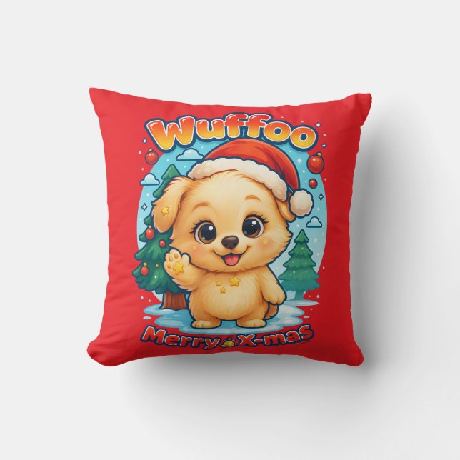 Wuffoo Starssie Merry X-mas Kawaii 3D Holiday Throw Pillow (Front)