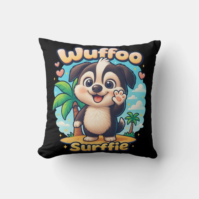 Wuffoo Surffie Cute Kawaii Puppy Tropical Island Throw Pillow (Front)
