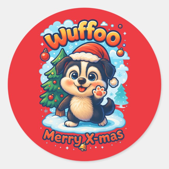 Wuffoo Surffie Merry X-mas Kawaii 3D Holiday Classic Round Sticker (Front)
