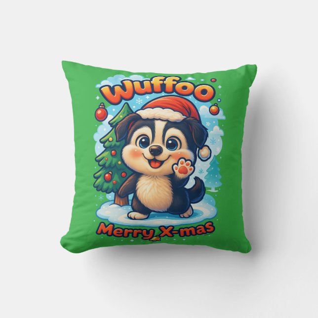 Wuffoo Surffie Merry X-mas Kawaii 3D Holiday Throw Pillow (Front)