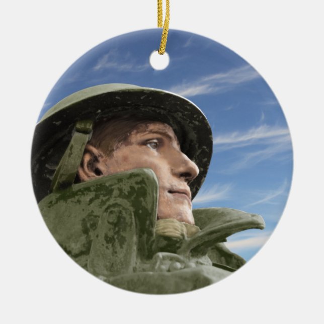 WW1 Soldier in Helmet and Trench Coat Ceramic Ornament (Front)