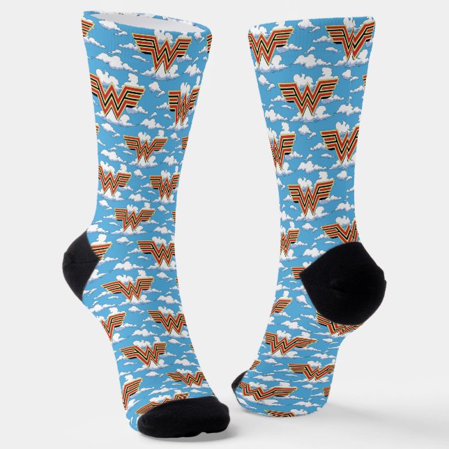 WW84 | Retro Comic Wonder Woman Logo Cloud Pattern Socks (Angled)