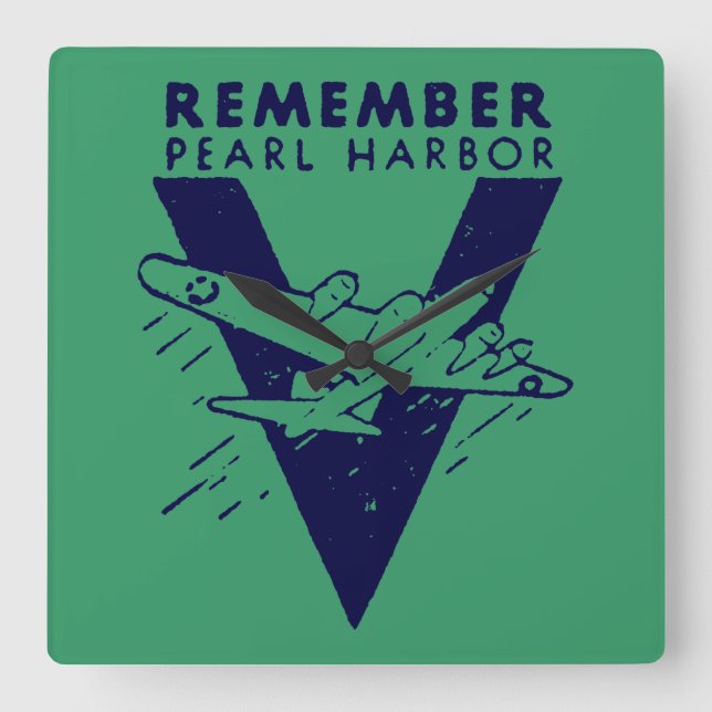 WWII Blue Remember Pearl Harbour Square Wall Clock (Front)