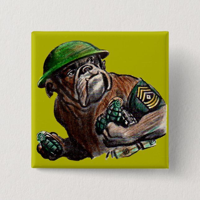 WWII bulldog dog soldier Sgt. Rover 2 Inch Square Button (Front)