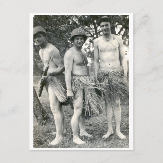 WWII soldiers in grass skirts Postcard (Front)
