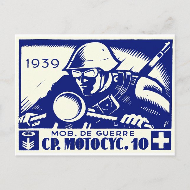 WWII Swiss Motorcycle Company, blue Postcard (Front)