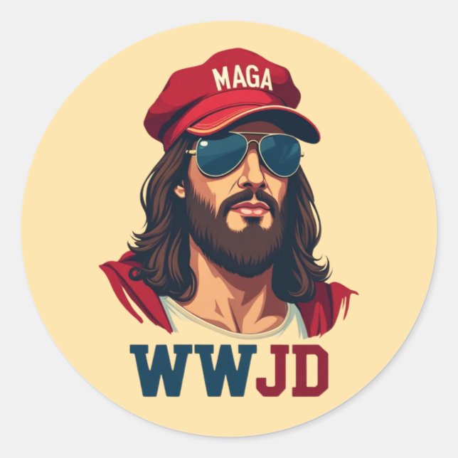 WWJD – Republican Jesus in MAGA Hat Classic Round Sticker (Front)