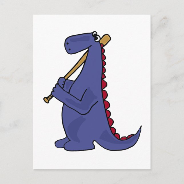 WX- Blue Dinosaur Playing Baseball Cartoon Postcard (Front)