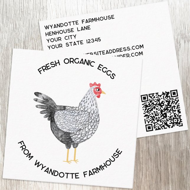 Wyandotte Chicken Farm Eggs QR Code Square Business Card (Wyandotte Chicken hen watercolor custom text QR code farm poultry eggs business card)