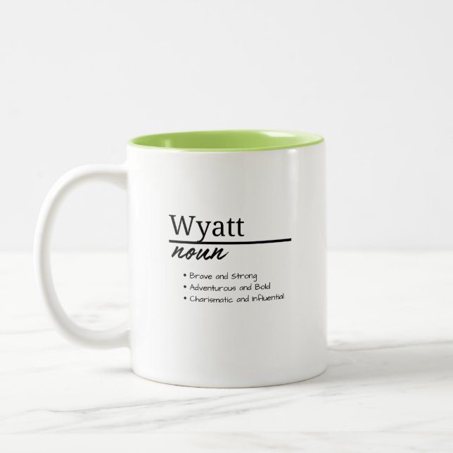 Wyatt, Boy Personalized Name Definition Two-Tone Coffee Mug (Left)