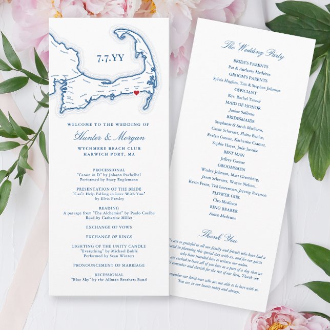 Wychmere Cape Cod Navy Destination Wedding Program (Wychmere Beach Club Wedding Program with Harwich Port MA Cape Cod Map in elegant navy blue )