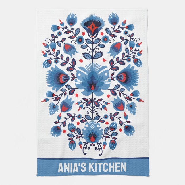  Wycinanki Lowicz Overture in Blue and Red Kitchen Towel (Vertical)