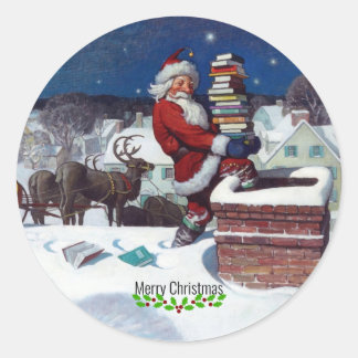 Wyeth - Santa Delivering Books for Christmas. Classic Round Sticker