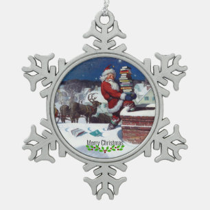 Wyeth - Santa Delivering Books for Christmas. Snowflake Pewter Christmas Ornament