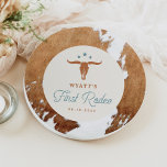 WYNONA First Rodeo Cowboy Birthday Party Paper Plate<br><div class="desc">This rodeo themed first birthday paper plate features a brown watercolor cow print background with burnt orange and teal western graphics and a rodeo font. Pair with anything in the WYNONA Collection for the complete party look!</div>