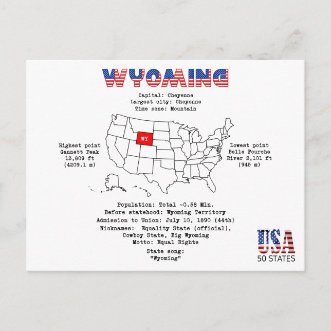 Wyoming American state on a map and useful info Holiday Postcard (Front)