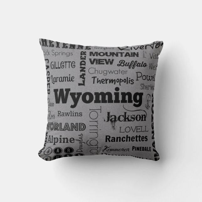 Wyoming cities typography pillow in grey/black (Front)