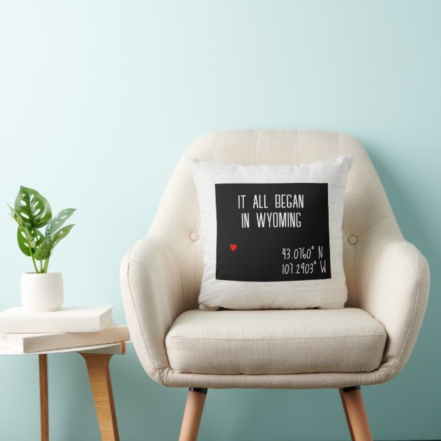 Wyoming GPS Coordinates with Heart Throw Pillow (Chair)