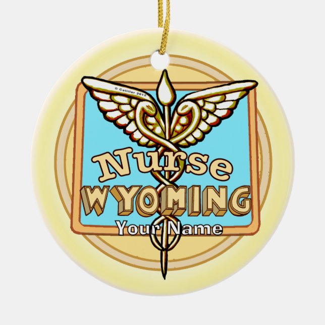 Wyoming Nurse Caduceus Ceramic Ornament (Front)