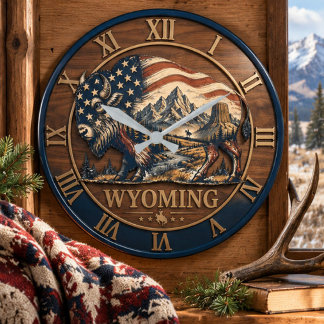Wyoming Patriotic American Flag Bison Wooden Large Clock