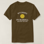 Wyoming Pickleball Club Partner Name Custom T-Shirt<br><div class="desc">Show off your love of Wyoming pickleball (easily change state name and shirt colour) with this awesome pickleball shirt for clubs, teams, partners or everyday court wear. Just add your 3 lines of custom text to make a totally unique pickleball shirt. Great for tournaments, matching club shirts or to give...</div>