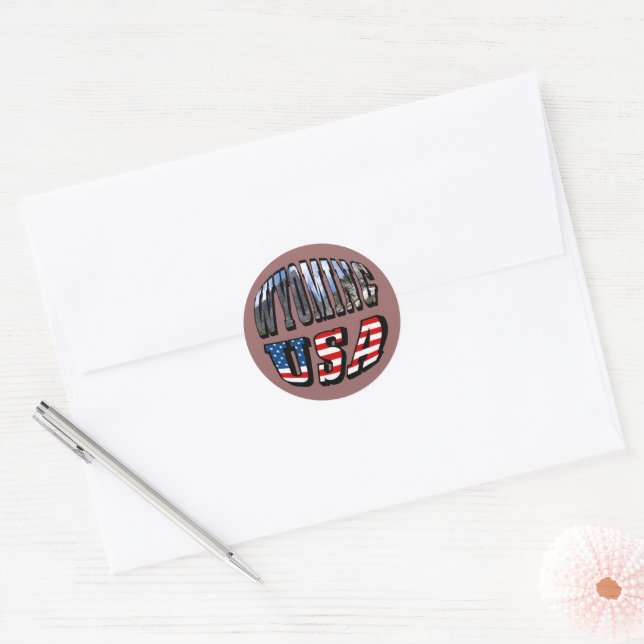Wyoming Picture and USA Flag Text Classic Round Sticker (Envelope)