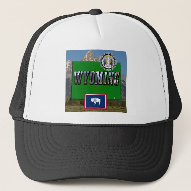 Wyoming Picture & Text, Map, Flag & State Seal Trucker Hat (Front)