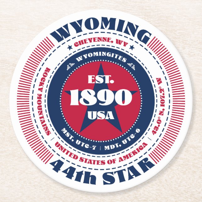 Wyoming Red White Blue Typography Round Paper Coaster (Front)