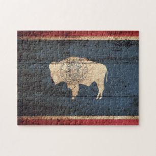 Wyoming State Flag on Old Wood Grain Jigsaw Puzzle