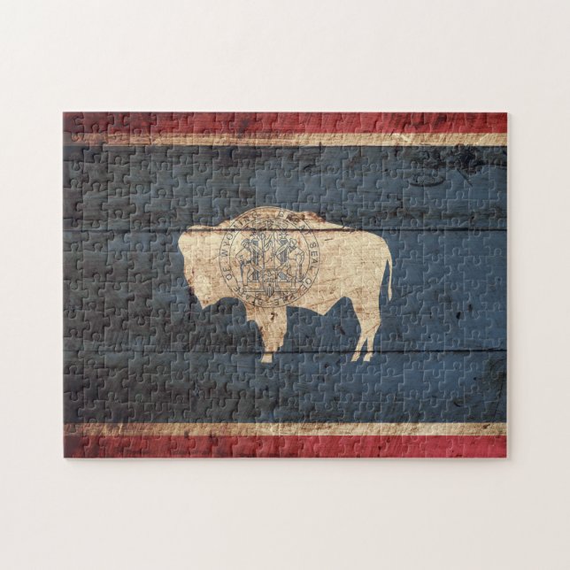 Wyoming State Flag on Old Wood Grain Jigsaw Puzzle (Horizontal)
