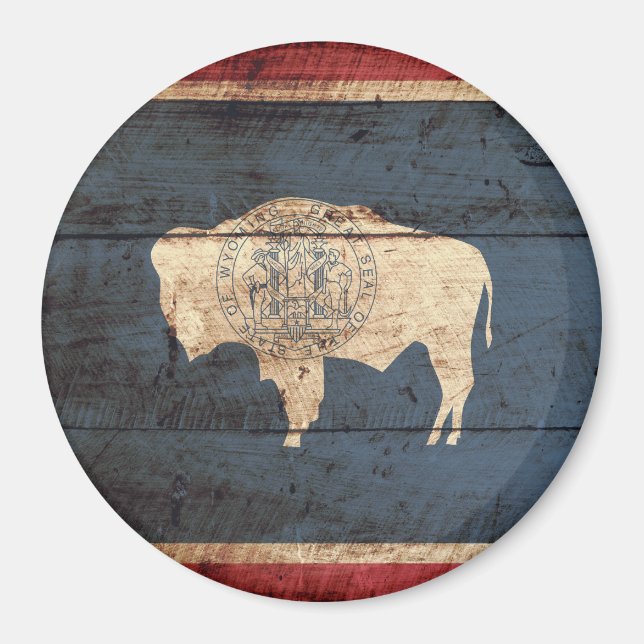 Wyoming State Flag on Old Wood Grain Magnet (Front)