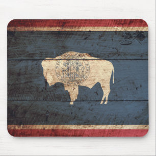 Wyoming State Flag on Old Wood Grain Mouse Pad
