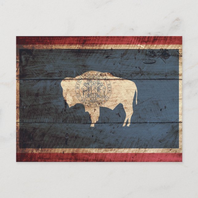 Wyoming State Flag on Old Wood Grain Postcard (Front)