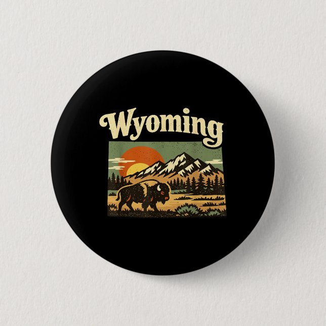 Wyoming State Retro Bison Mountain Sunset 2 Inch Round Button (Front)