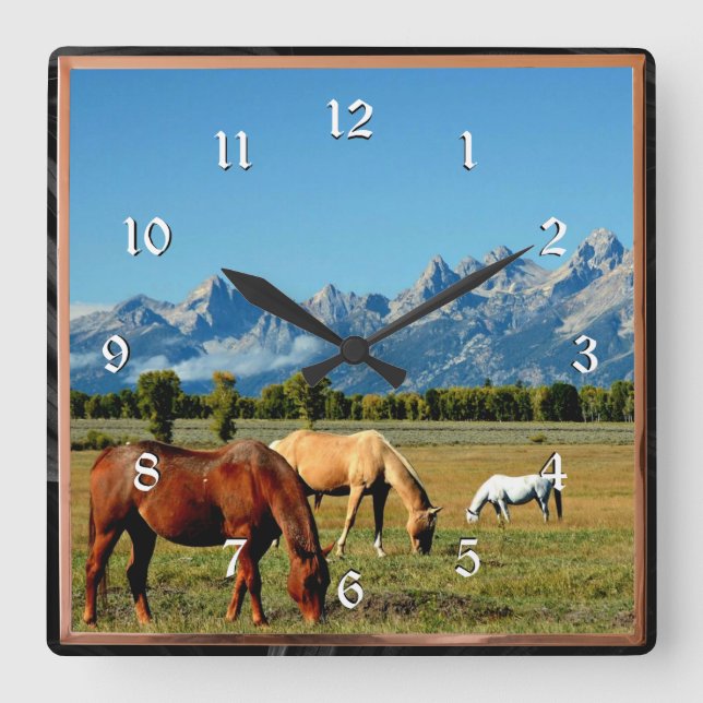 Wyoming, Teton Mountains, with Horses Grazing Square Wall Clock (Front)