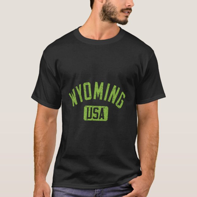 Wyoming Usa Arched Text Distressed Lime Green Prin T-Shirt (Front)
