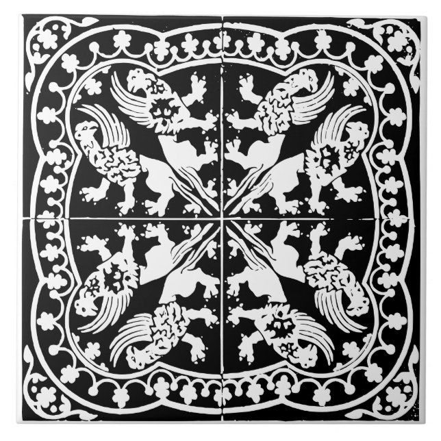 Wyvern Griffin Beast Medieval Black White Antique Tile (Front)