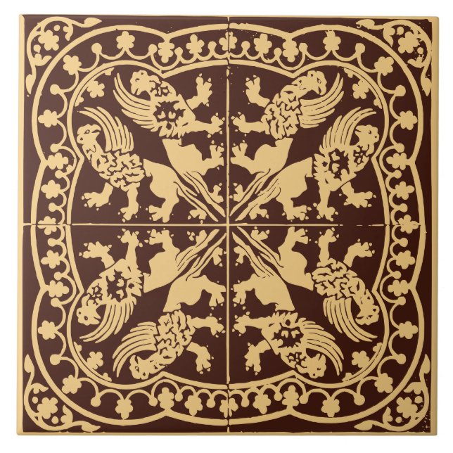 Wyvern Griffin Beast Medieval Brown Gold Vintage Tile (Front)