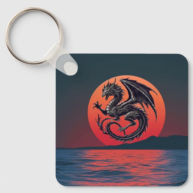 Wyvern Soaring Over Sunset Ocean  Keychain (Front)