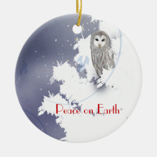 X003_Winter Owl, Peace on Earth Ceramic Ornament