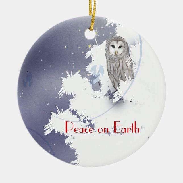 X003_Winter Owl, Peace on Earth Ceramic Ornament (Front)
