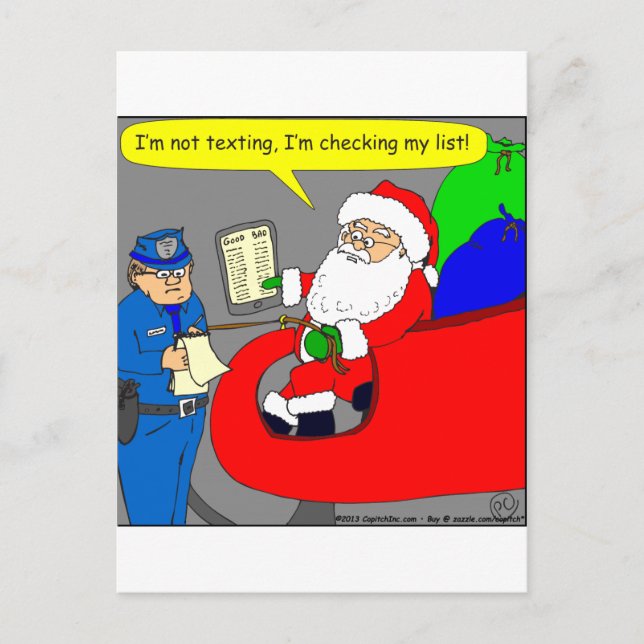 x02 Santa is texting and driving - cartoon Holiday Postcard (Front)
